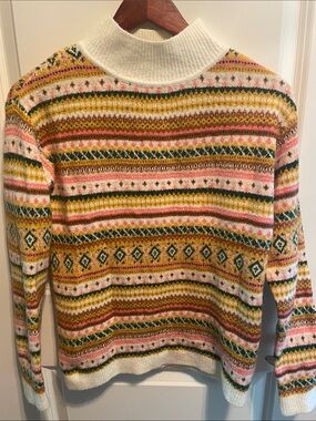 Talbots Cream Fair Isle Turtleneck Sweater with Pink, Green & Mustard Stripes